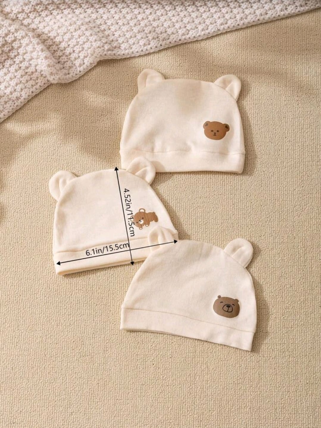 Baby Beige Bear Cotton Hat – Soft Newborn Cap with Ears