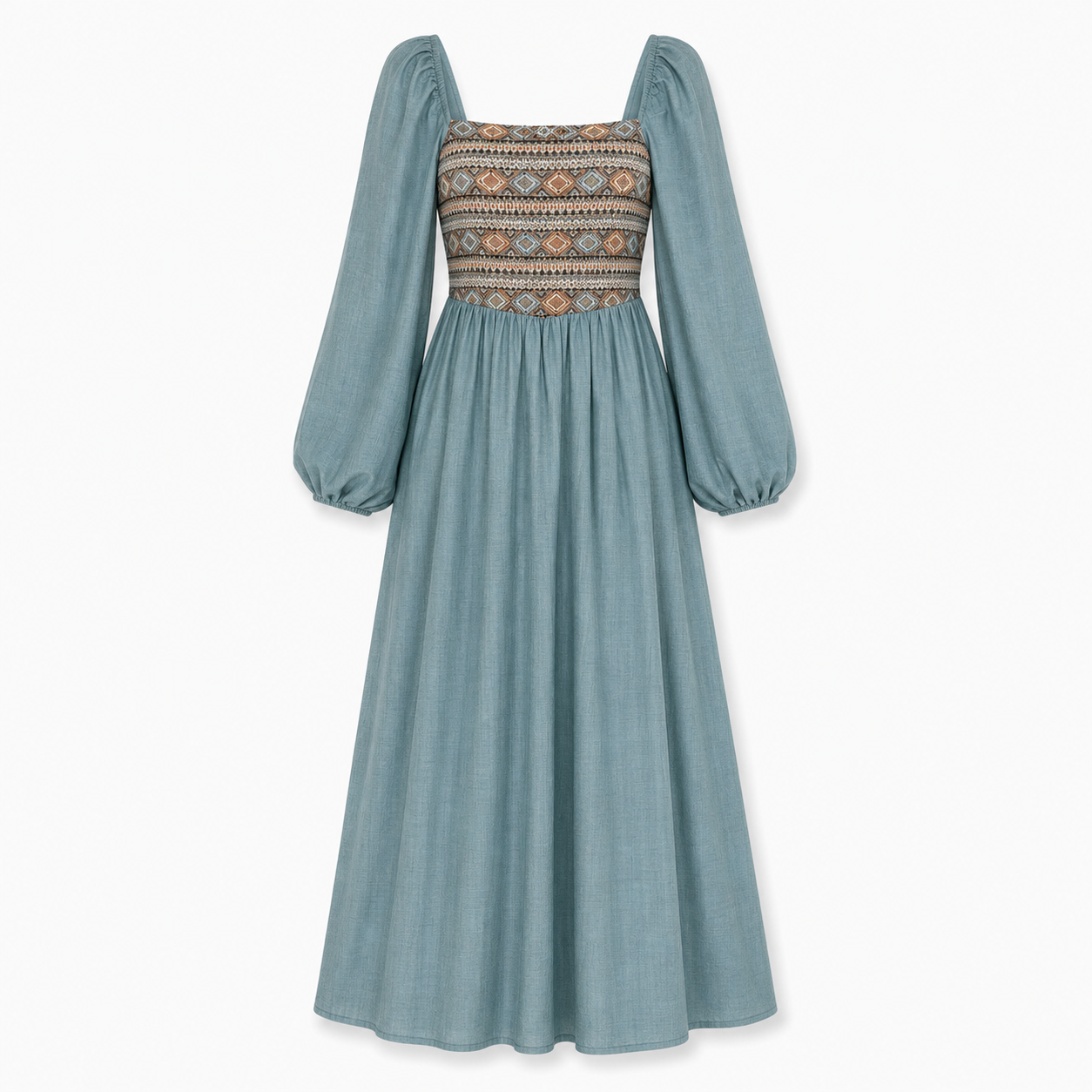 Blue Puff Sleeve Boho Maxi Dress with Embroidered Bodice