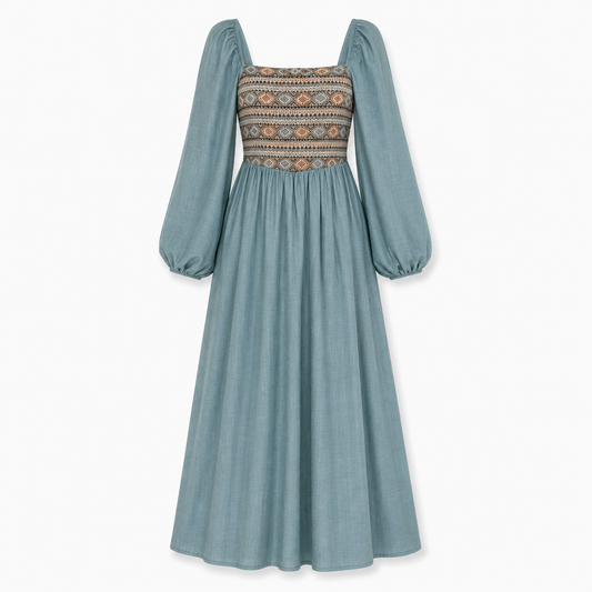 Blue Puff Sleeve Boho Maxi Dress with Embroidered Bodice