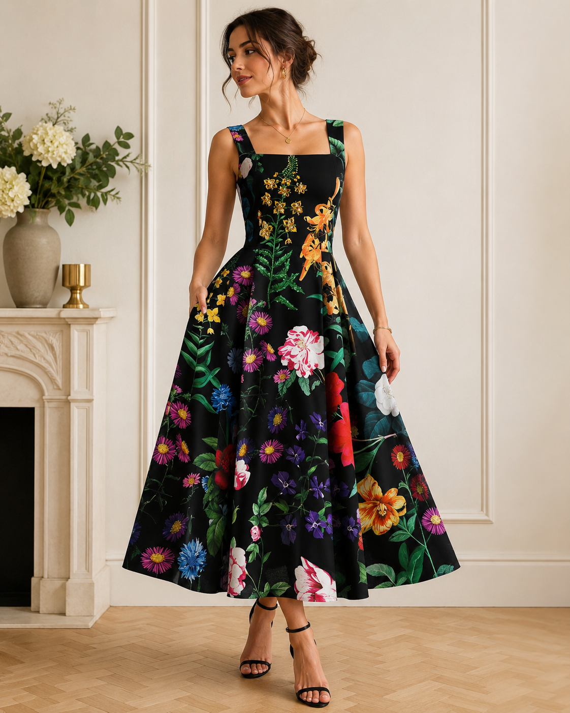 Women Black Floral Print Sleeveless Midi Dress