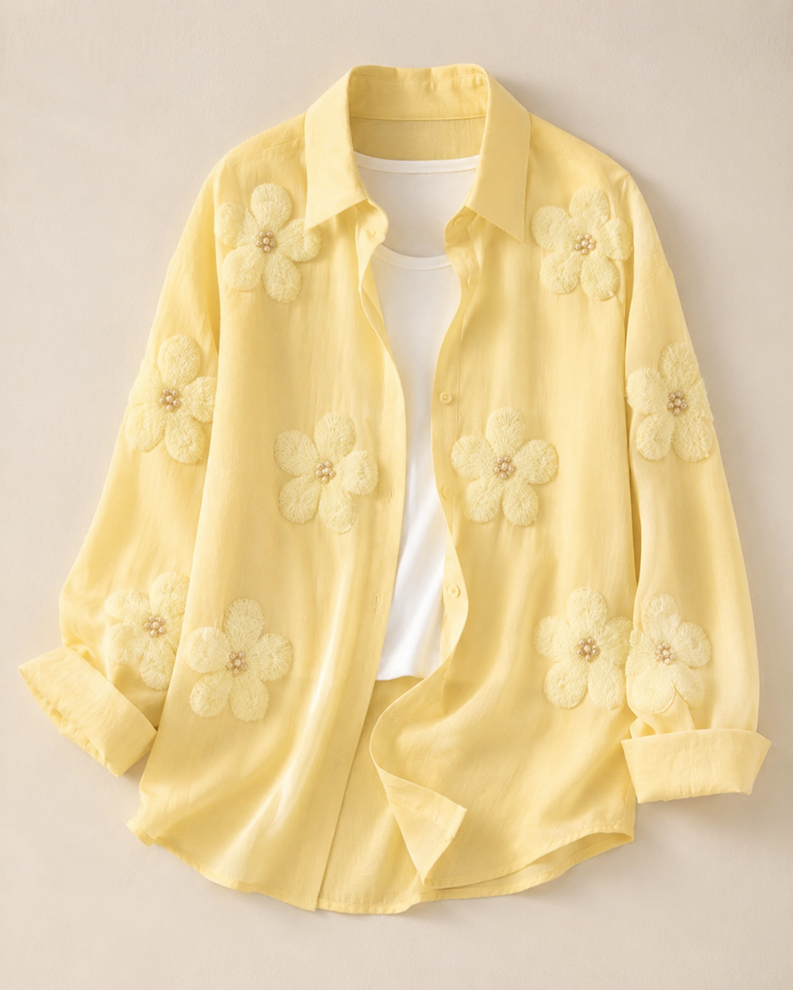 Women’s Yellow 3D Floral Button-Up Shirt
