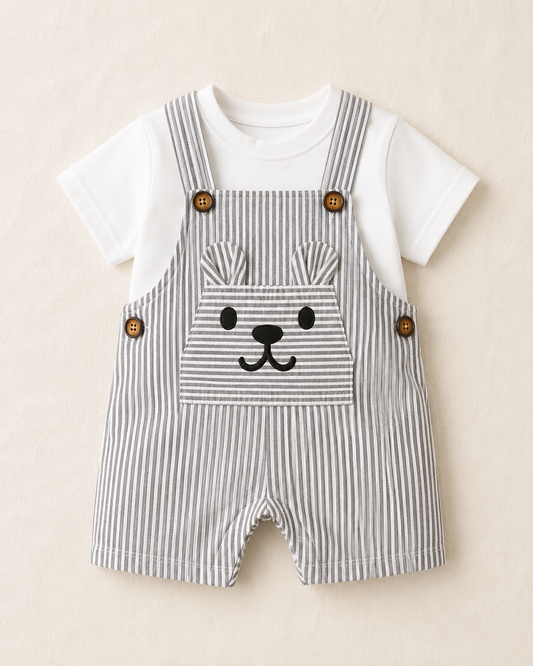 SHEIN Baby Boys Striped Bear Pocket Romper Set