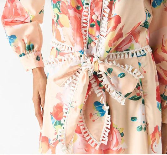 Women’s Floral Button Up Shirt – Peach Sheer Long Sleeve Tie Front Blouse