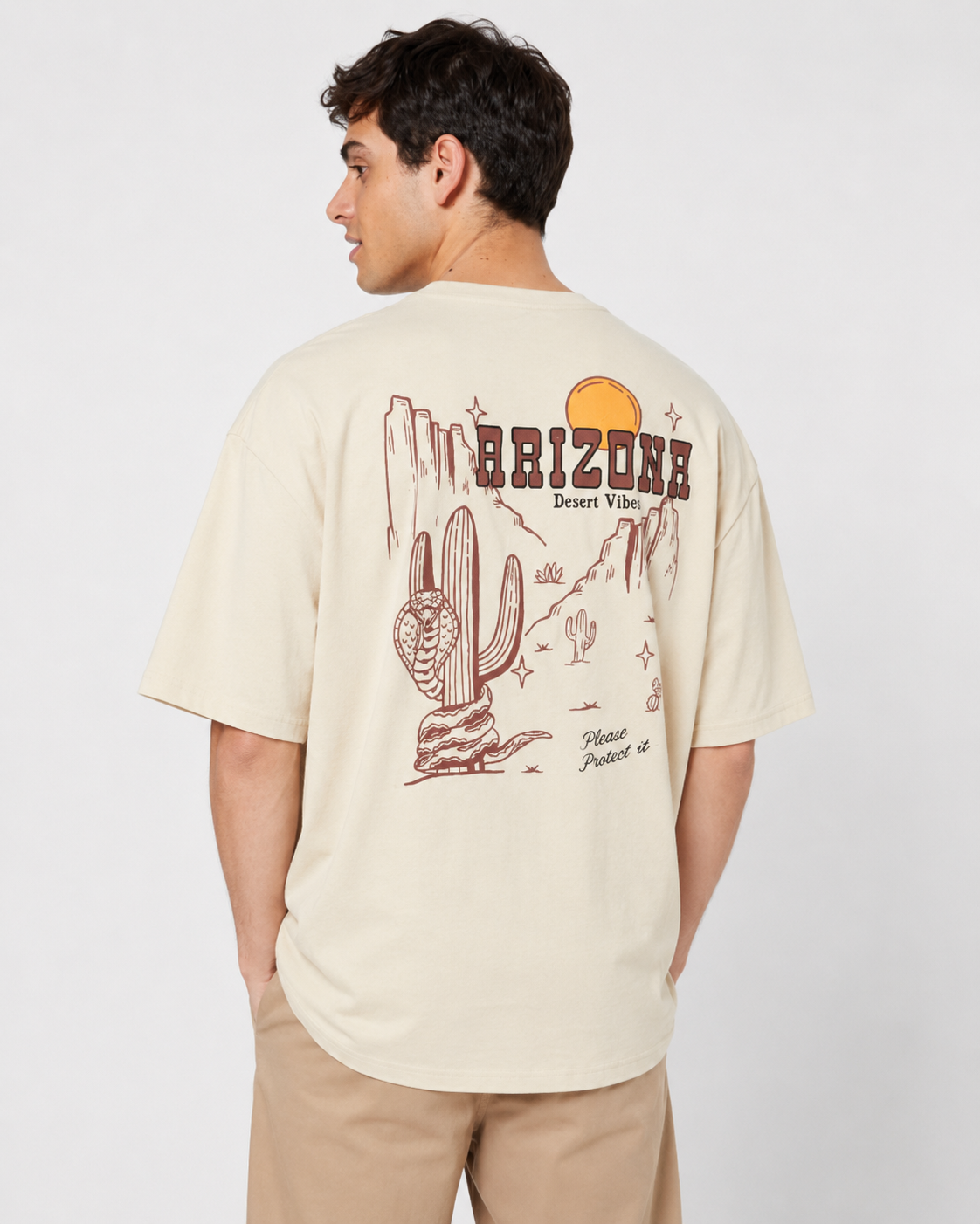 Men’s Beige Arizona Desert Graphic Cotton T-Shirt, Short Sleeve Casual Summer Top