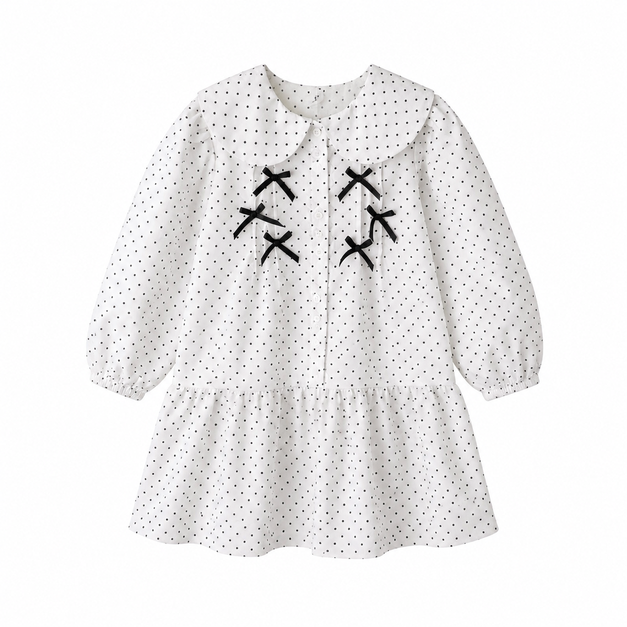 SHEIN Girls White Polka Dot Dress – Long Sleeve Bow Detail Casual Dress, SHEIN Fast Delivery in 5 Days
