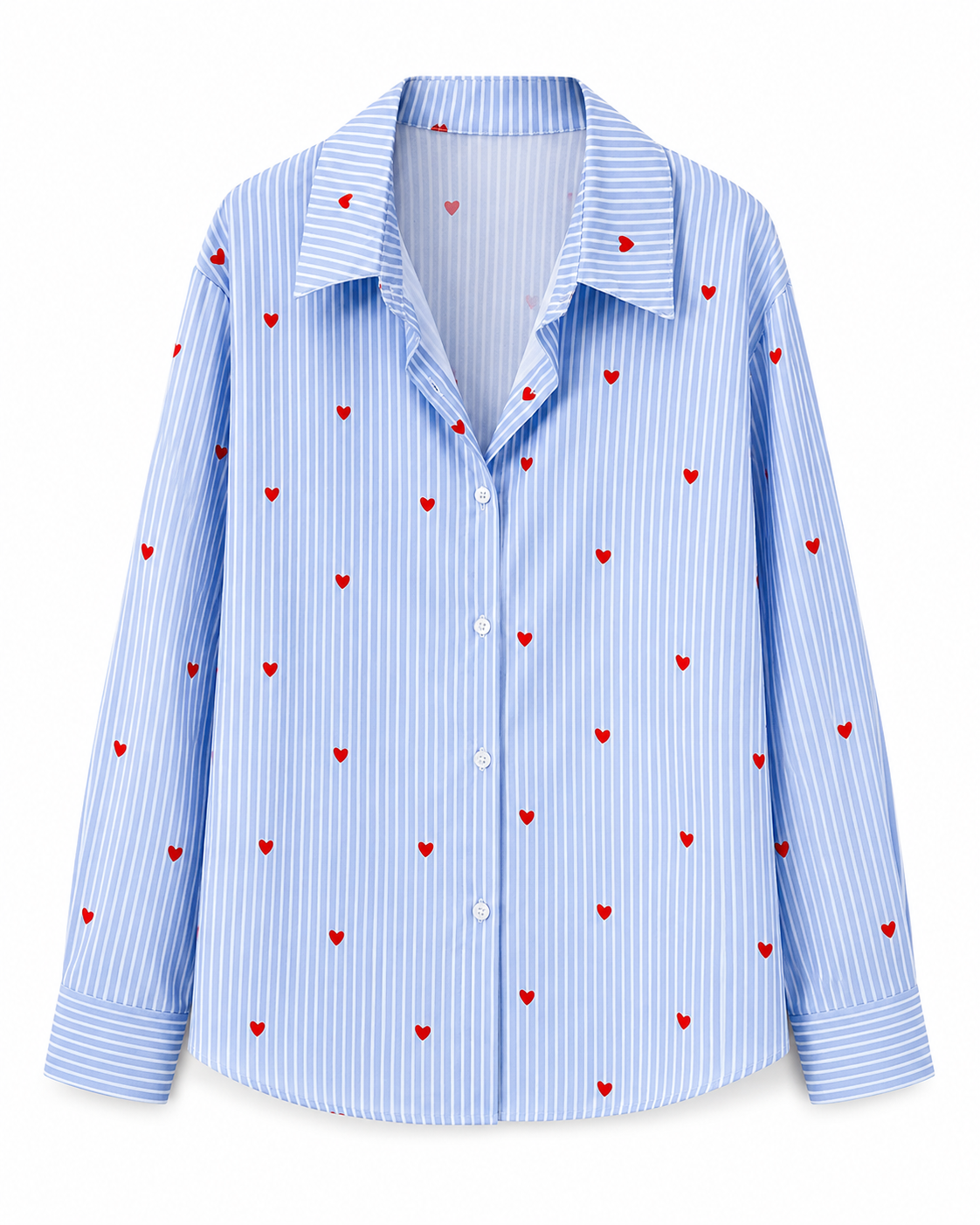 SHEIN Curve Women’s Blue Striped Heart Print Button-Up Shirt – Plus Size Long Sleeve Blouse, SHEIN Fast Delivery in 5 Days