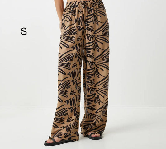 Women’s Trendyol Beige Abstract Print Wide Leg Pants – Viscose Drawstring Palazzo Pants