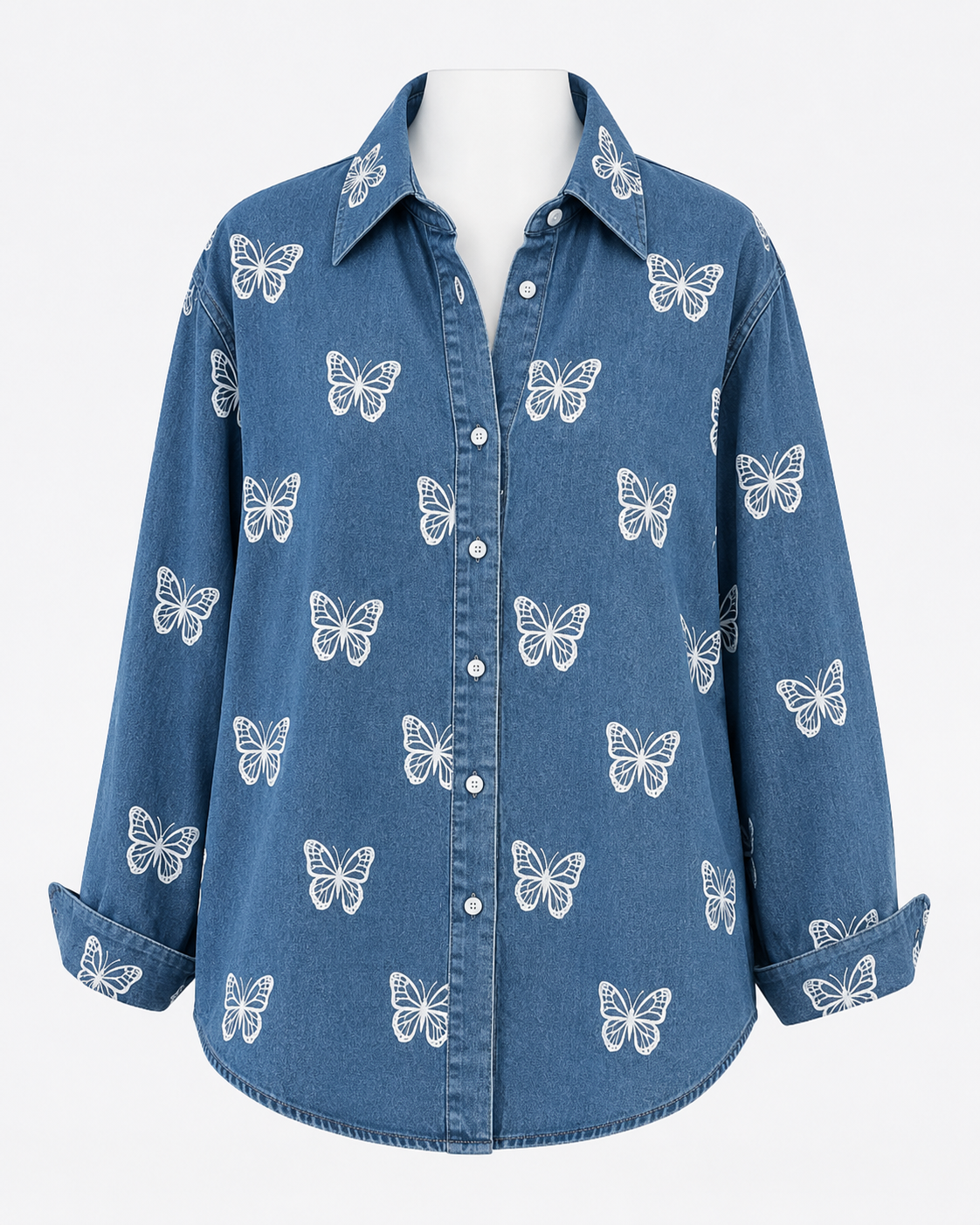 SHEIN Women Blue Denim Butterfly Print Button Shirt
