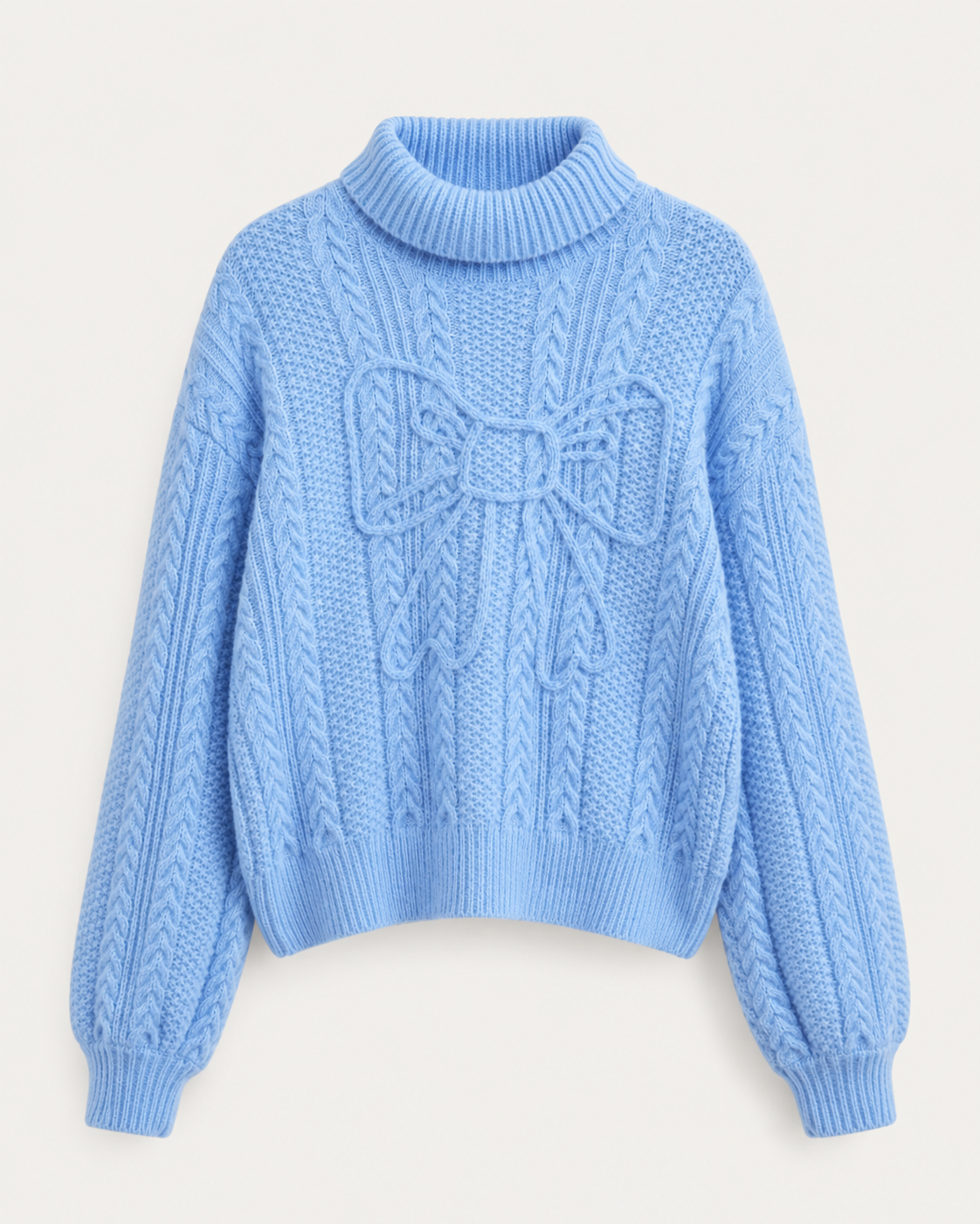 Women’s Blue Cable Knit Sweater with Bow Detail