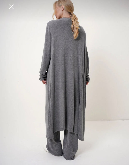 Women’s Grey Wide Leg Lounge Pants with Long Open Cardigan Set – Soft Relaxed Two Piece Outfit
