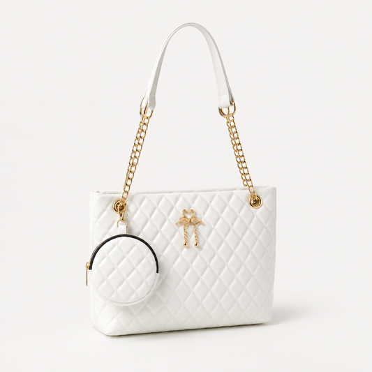 White Quilted Chain Tote Bag with Mini Pouch