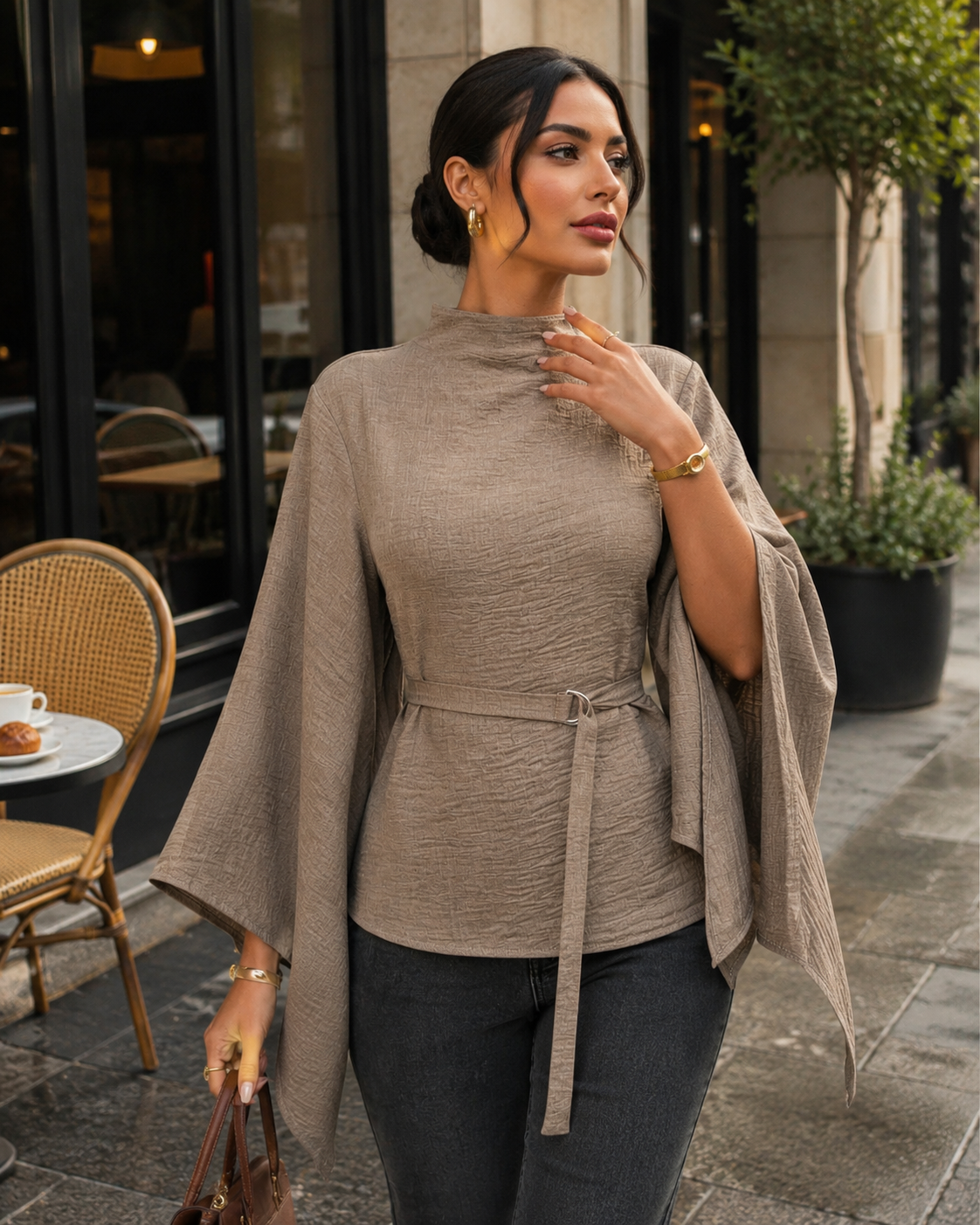 Women’s Taupe Belted Mock Neck Blouse – Asymmetrical Cape Sleeve Elegant Top