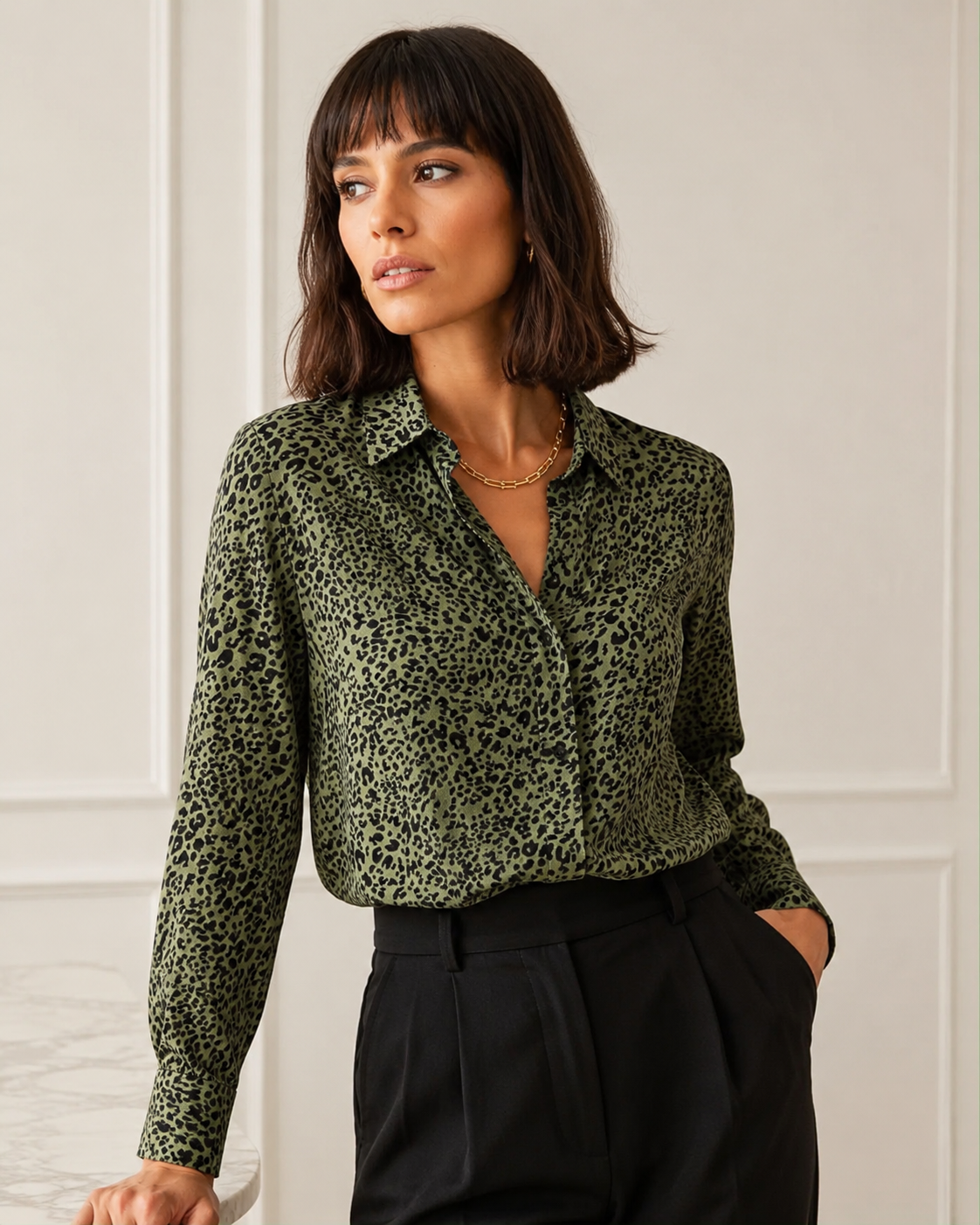 SHEIN Fast Delivery in 5 Days Olive Leopard Print Button-Up Blouse