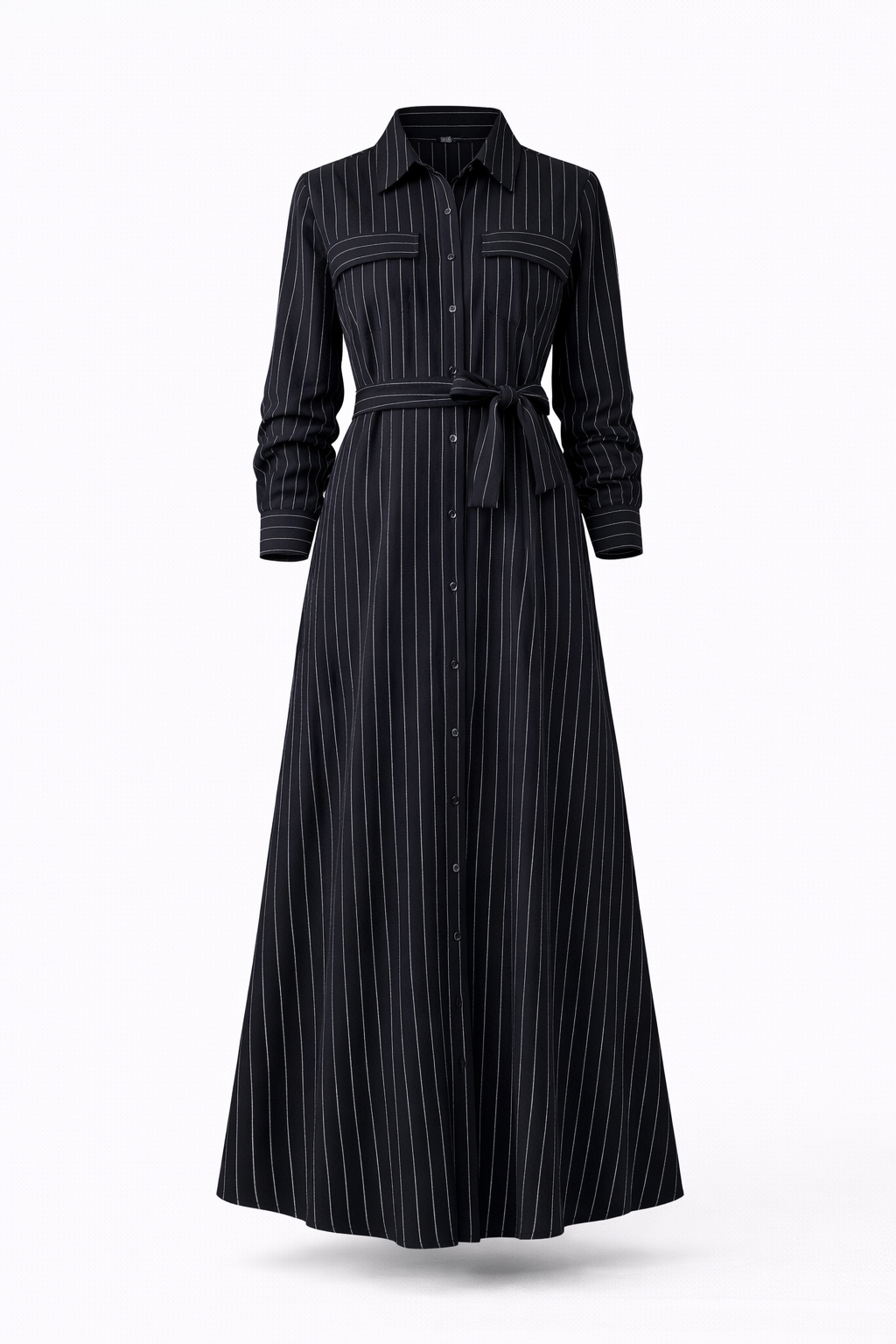 Black Striped Belted Shirt Maxi Dress – Long Sleeve Button Front Elegant Casual Dress for Women