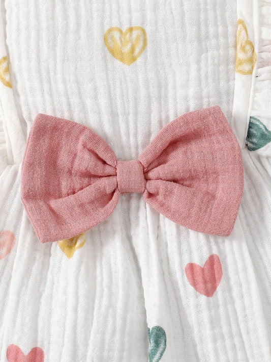Baby Girls White Heart Print Dress with Pink Bow & Hat