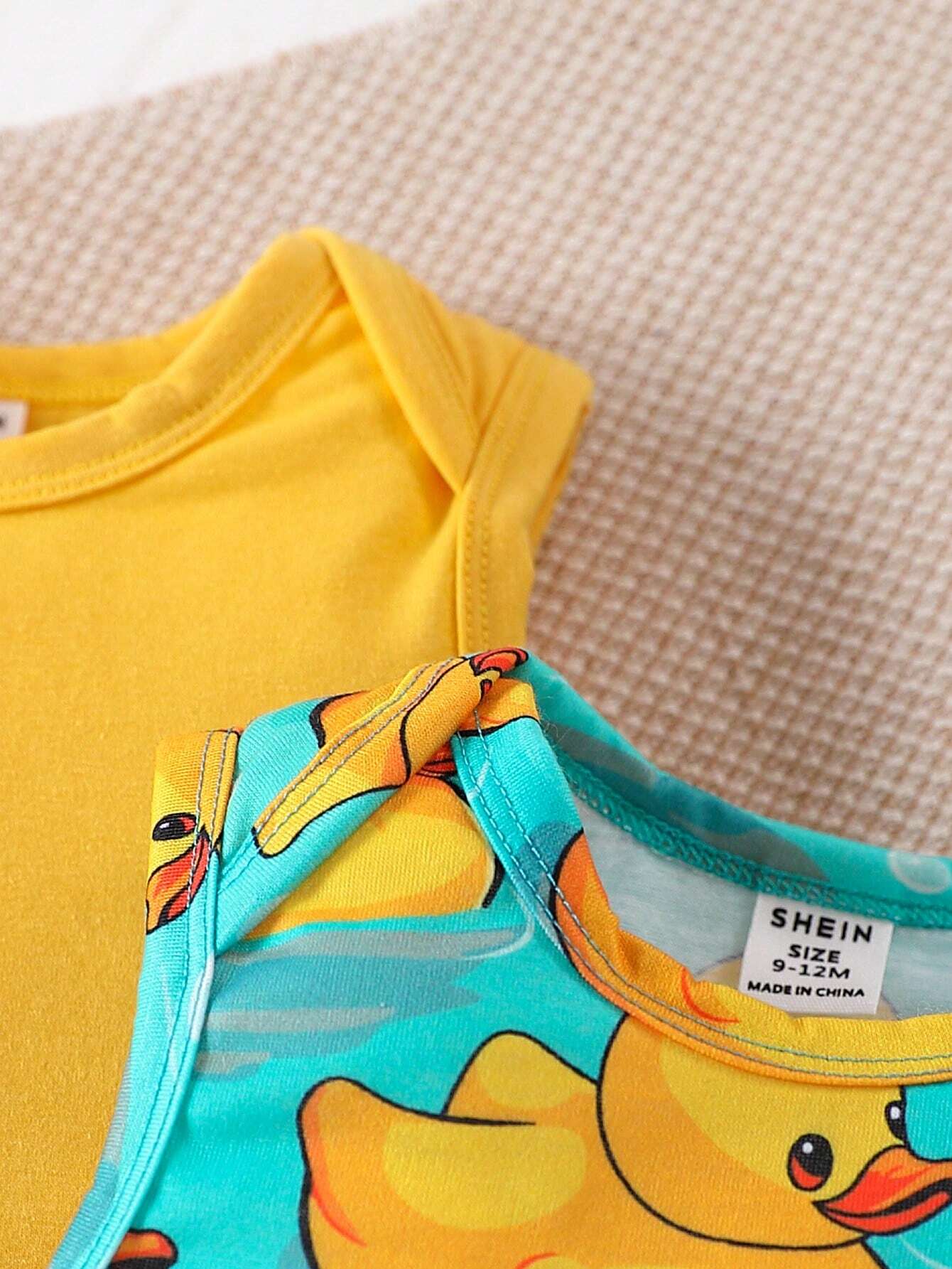 Baby 2-Pack Sleeveless Bodysuits – Solid Yellow & Duck Print Cotton Onesie Set
