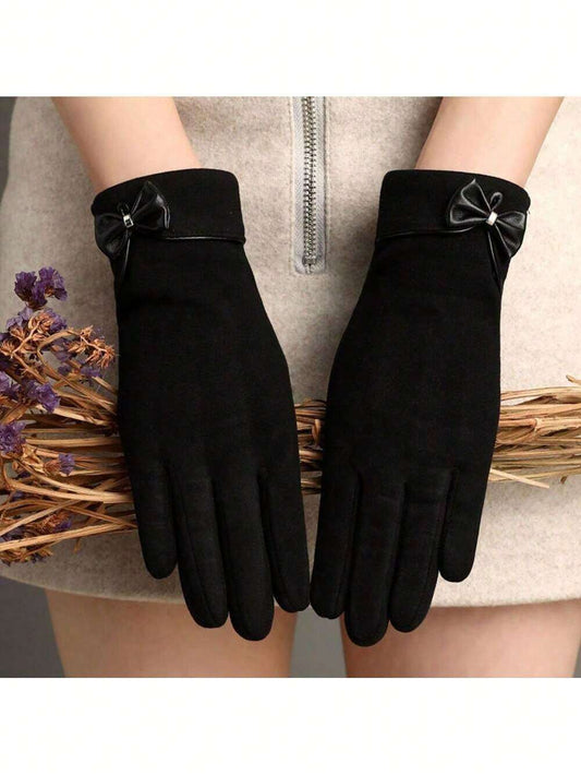 Women Black Bow Detail Gloves – Elegant Winter Touchscreen Gloves