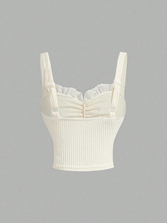 SHEIN Women’s Ivory Ribbed Lace Trim Ruched Cami Top