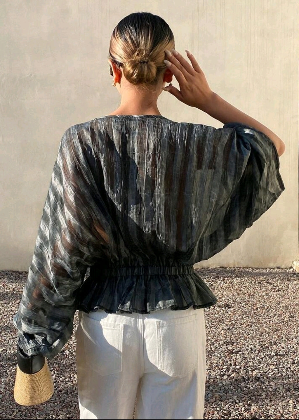 Sheer Marble Print Tie-Neck Blouse – Batwing Sleeve Boho Peplum Top for Women
