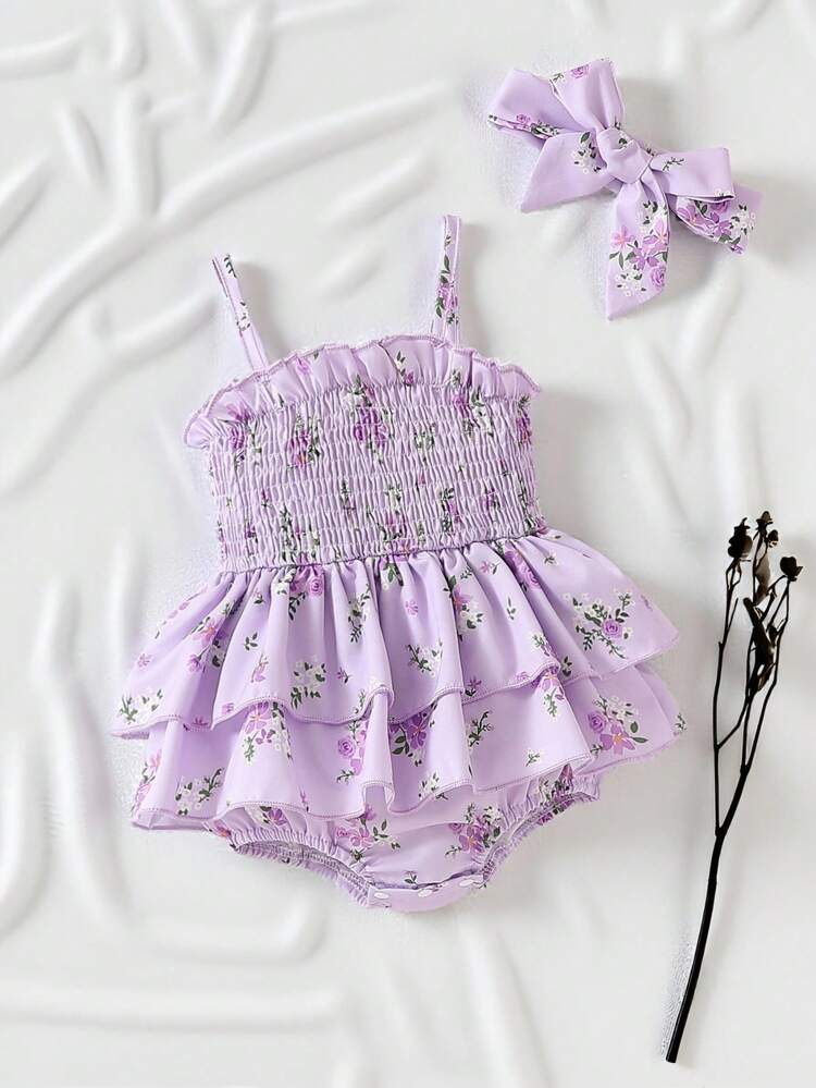 purple infant dress Baby Girls Floral Ruffle Romper Dress with Matching Bow – Lilac Purple –  DELICADO