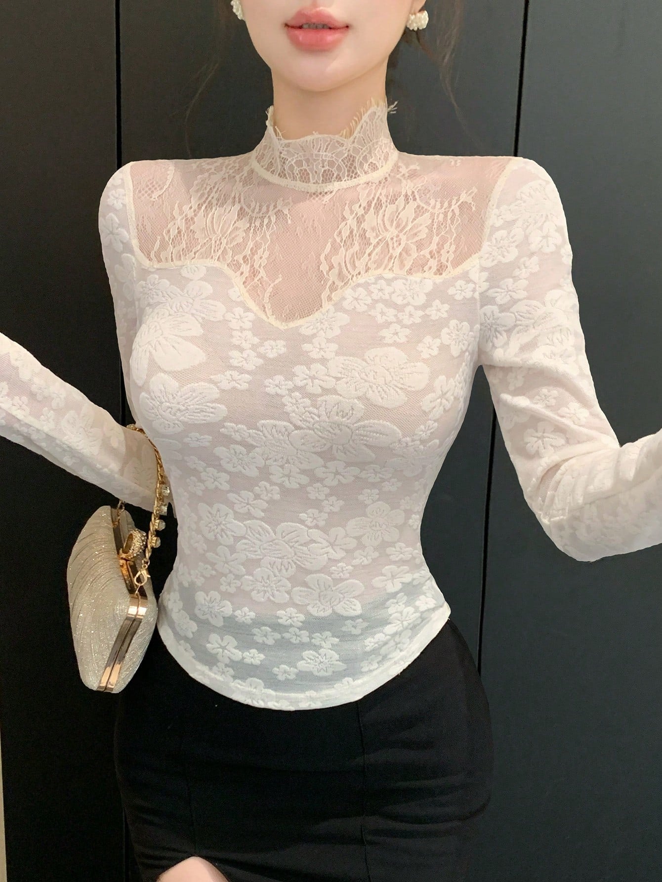 Womenโs White Floral Lace High Neck Sheer Top