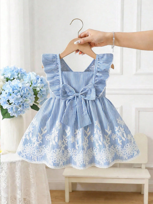 Baby Girls Blue Striped Bow Lace Dress