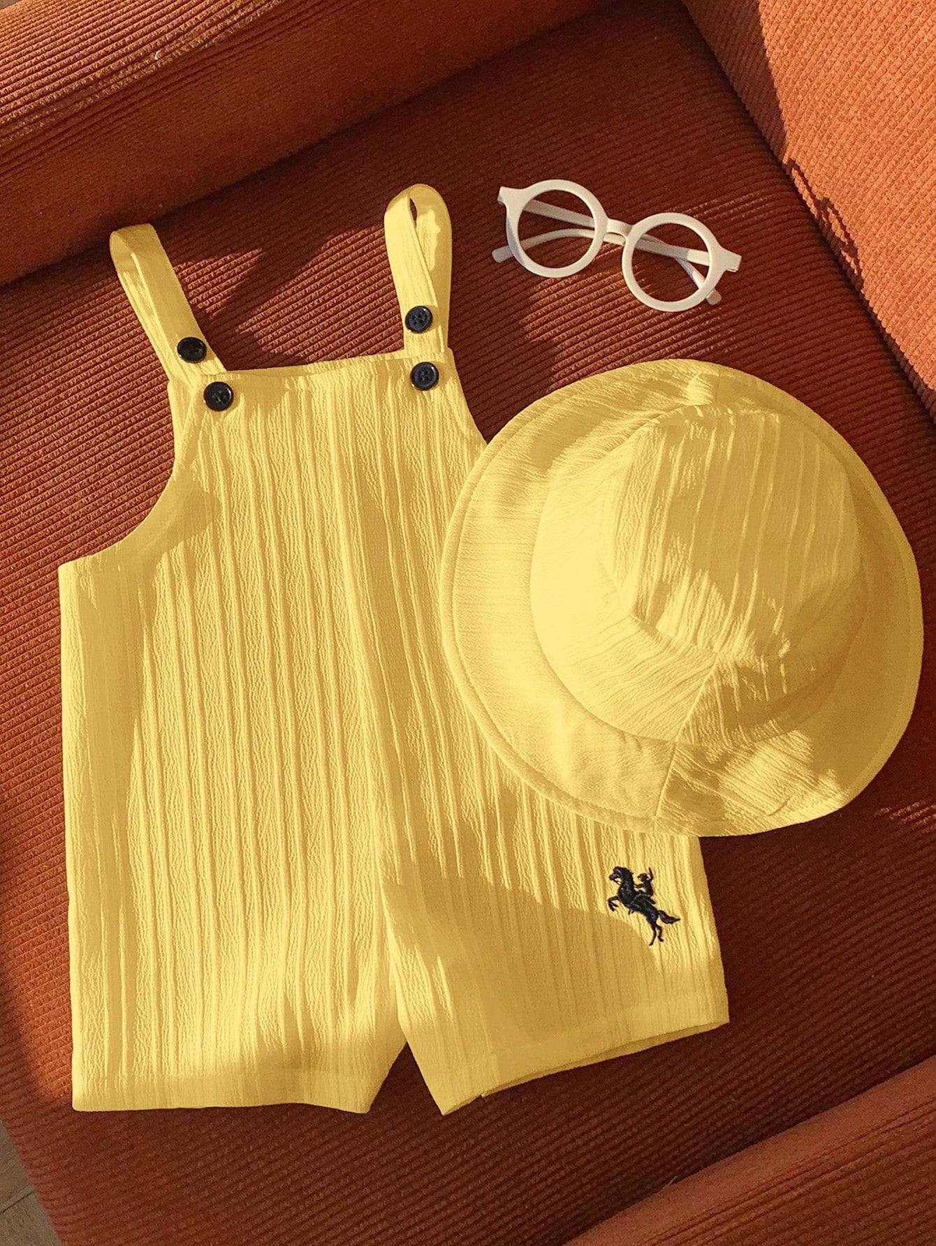 Baby Boys Yellow Textured Button Strap Romper