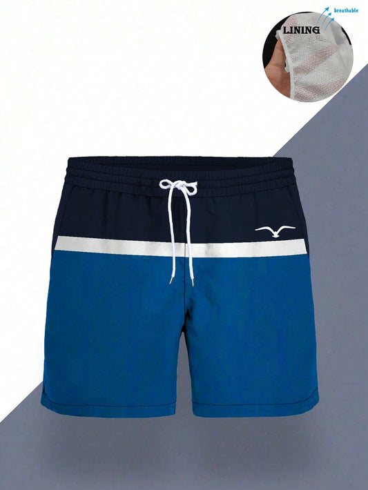 Men’s Color Block Swim Shorts with Mesh Lining – Quick Dry Beach Swim Trunks – Blue & Navy