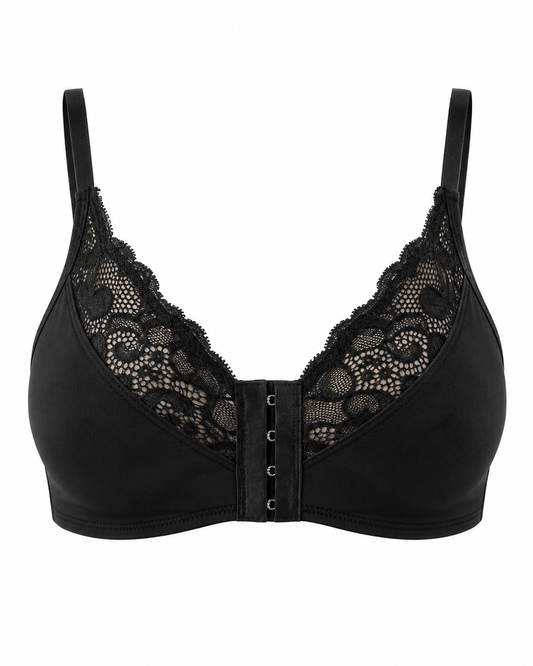 Black Lace Patchwork Front Closure Bra with Adjustable Straps