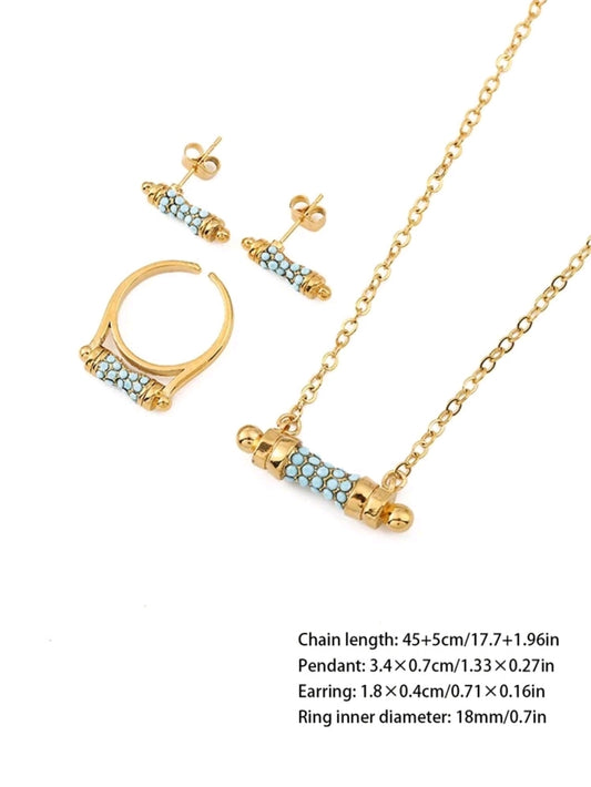 Gold Turquoise Jewelry Set – Necklace, Stud Earrings and Adjustable Ring