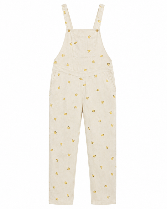 Women’s Khaki Floral Corduroy Overall Jumpsuit – Casual Loose Fit Sleeveless Dungarees