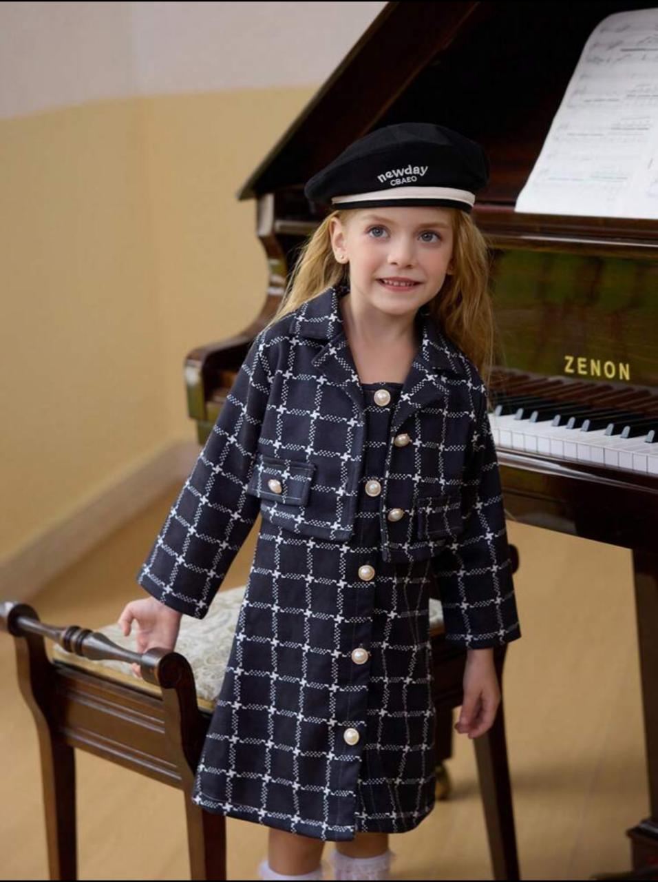 Girls Black Plaid Button Front Dress Set – Elegant Long Sleeve Jacket and Dress Outfit with Hat