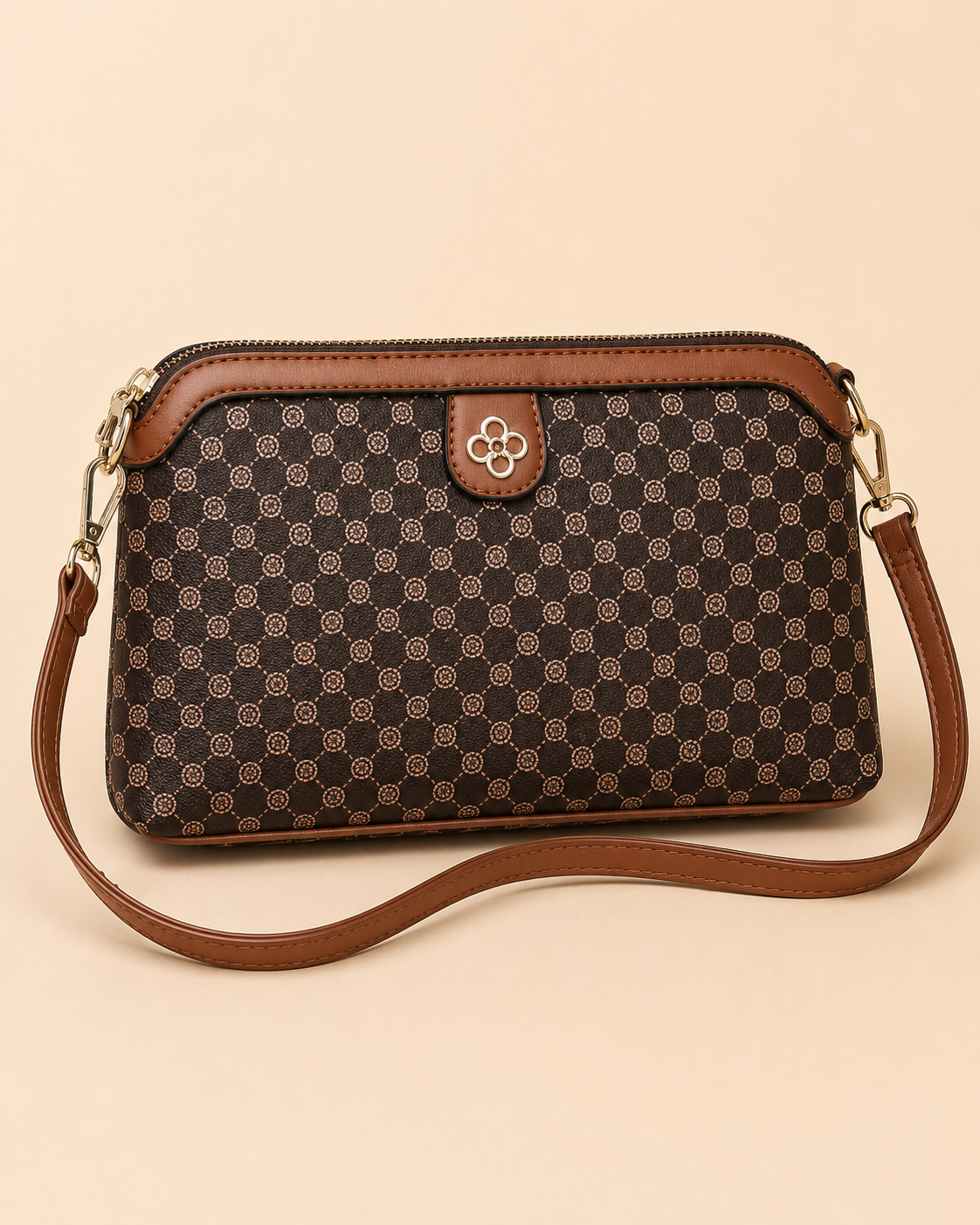 SHEIN Women Brown Monogram Crossbody Bag