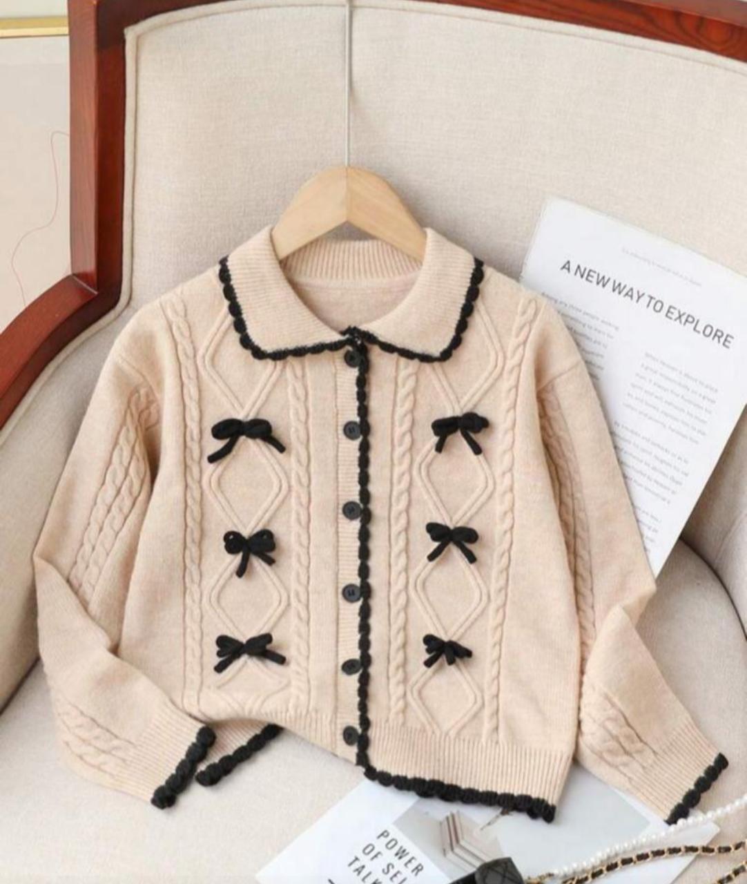 Girls Beige Bow Detail Knit Cardigan – Elegant Peter Pan Collar Sweater for Kids