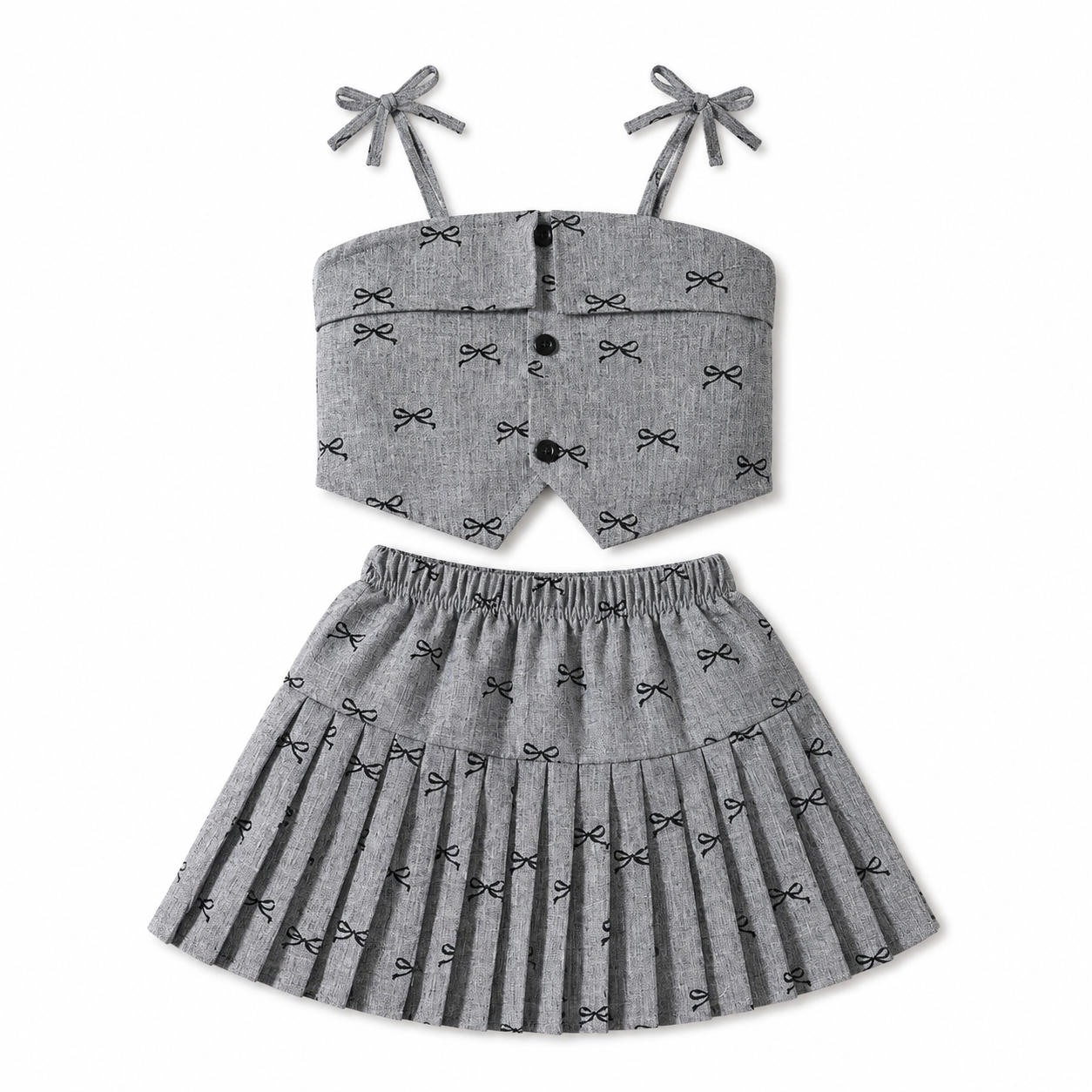 SHEIN Girls Grey Bow Print 2 Piece Set – Crop Top & Pleated Skirt, SHEIN Fast Delivery in 5 Days