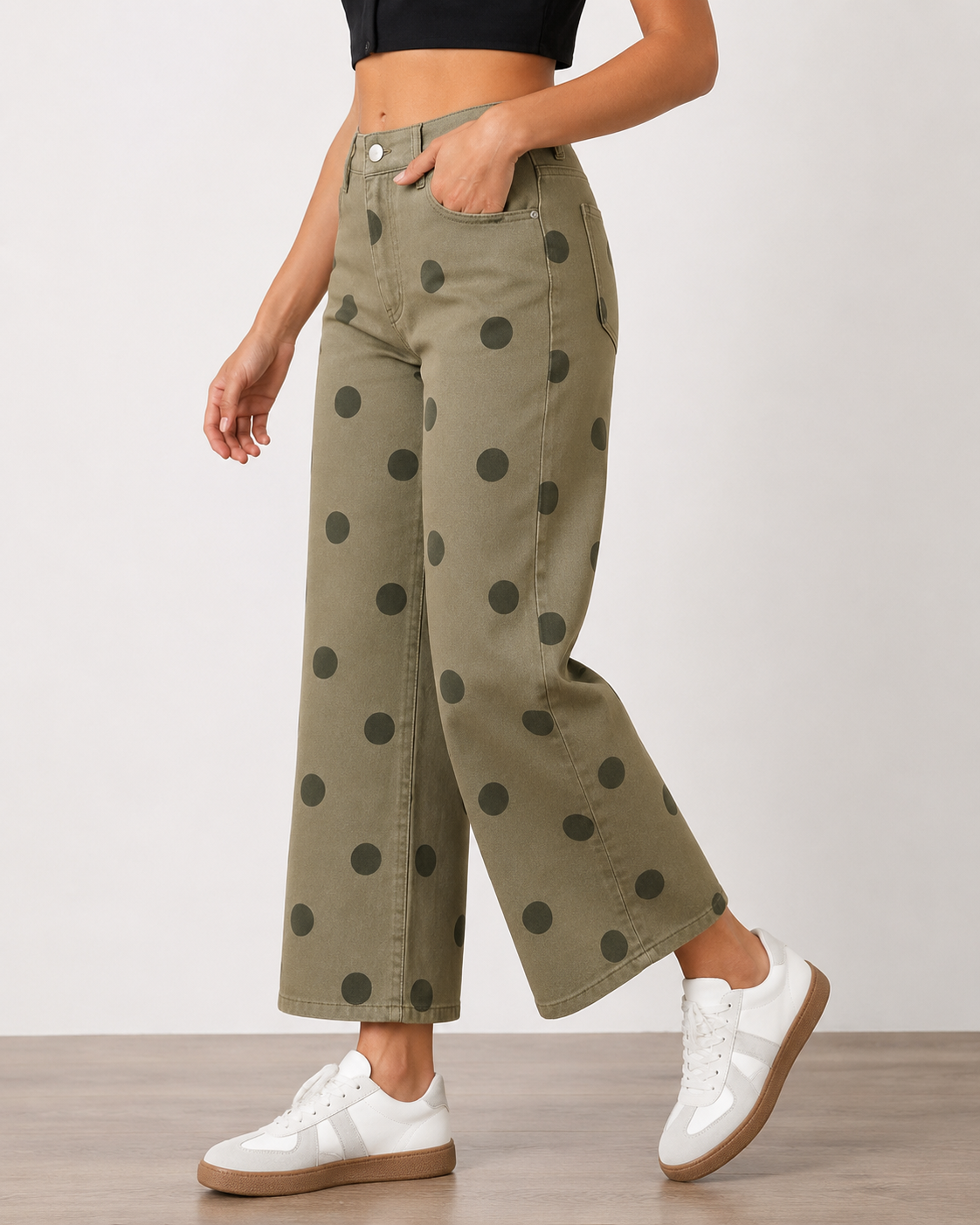 SHEIN Khaki Polka Dot Wide-Leg Jeans - SHEIN Fast Delivery in 5 Days