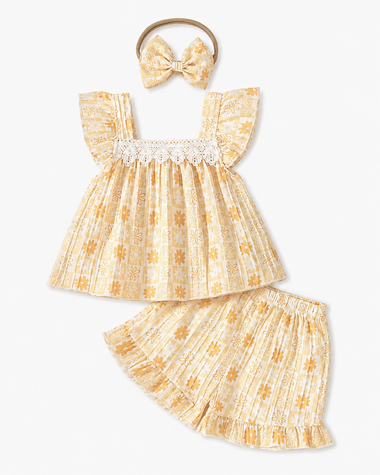 Baby Girls’ Yellow Floral Summer Outfit Set – Sleeveless Top, Shorts, and Matching Headband