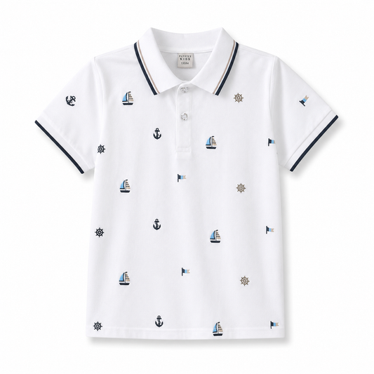 Boys White Polo Shirt – Nautical Print