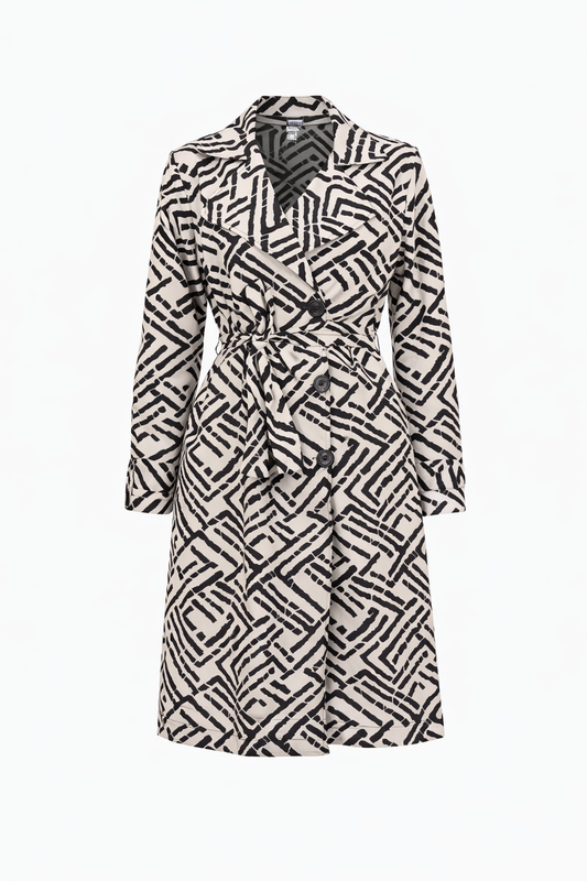 Black & beige Geometric Print Double Breasted Trench Coat – Women’s Belted Statement Long Coat