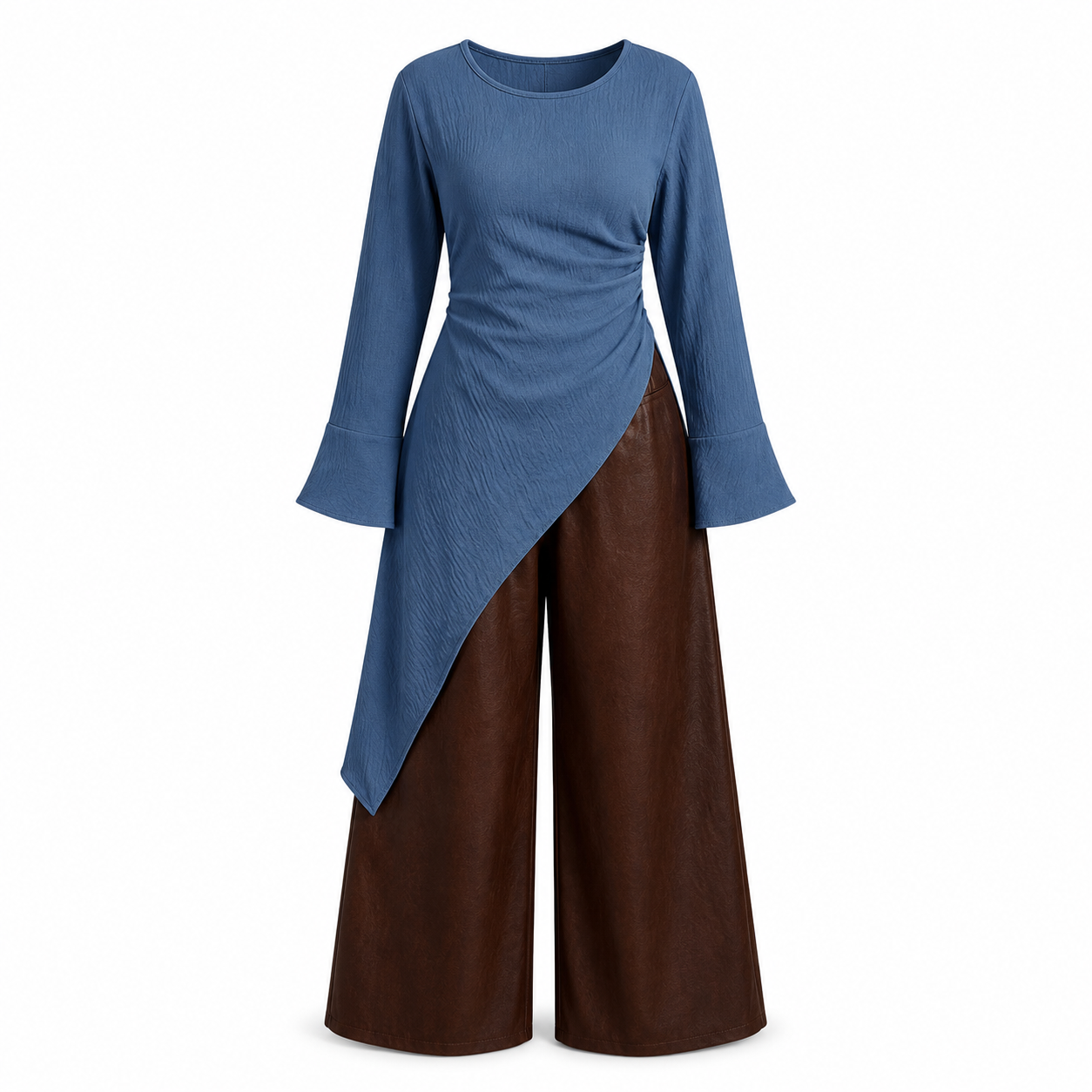 SHEIN Women’s Blue Asymmetric Tunic & Brown Wide Leg Pants Set – 2 Piece Outfit, SHEIN Fast Delivery in 5 Days
