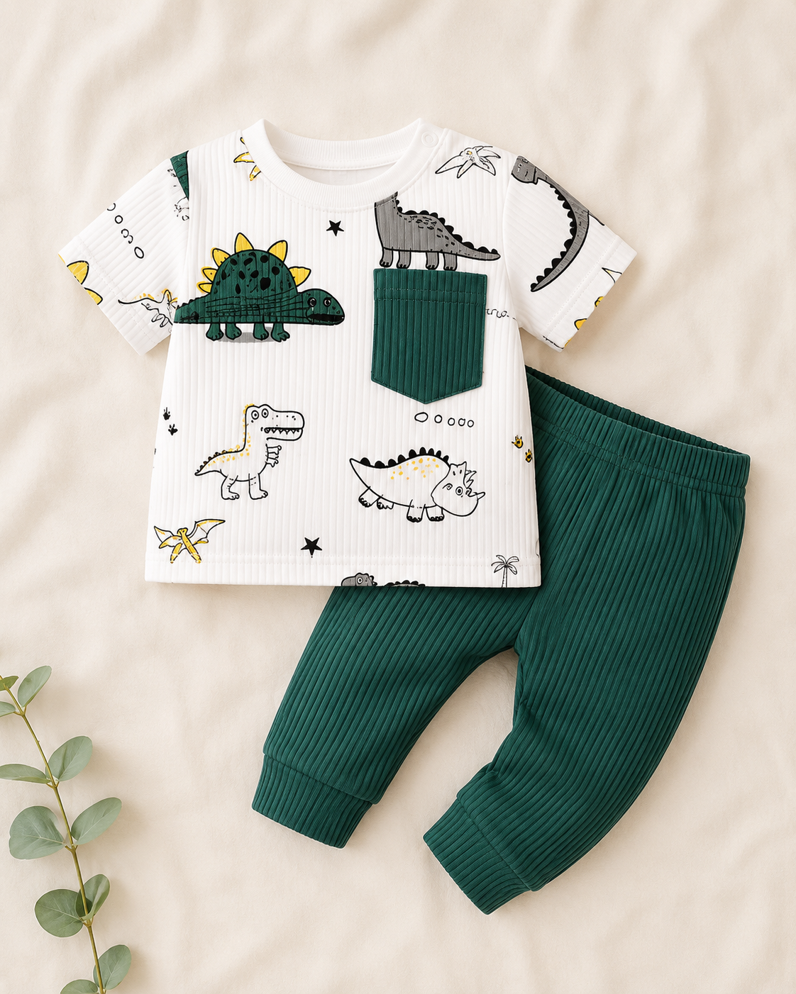SHEIN Baby Boys Dinosaur Print T-Shirt and Ribbed Pants Set