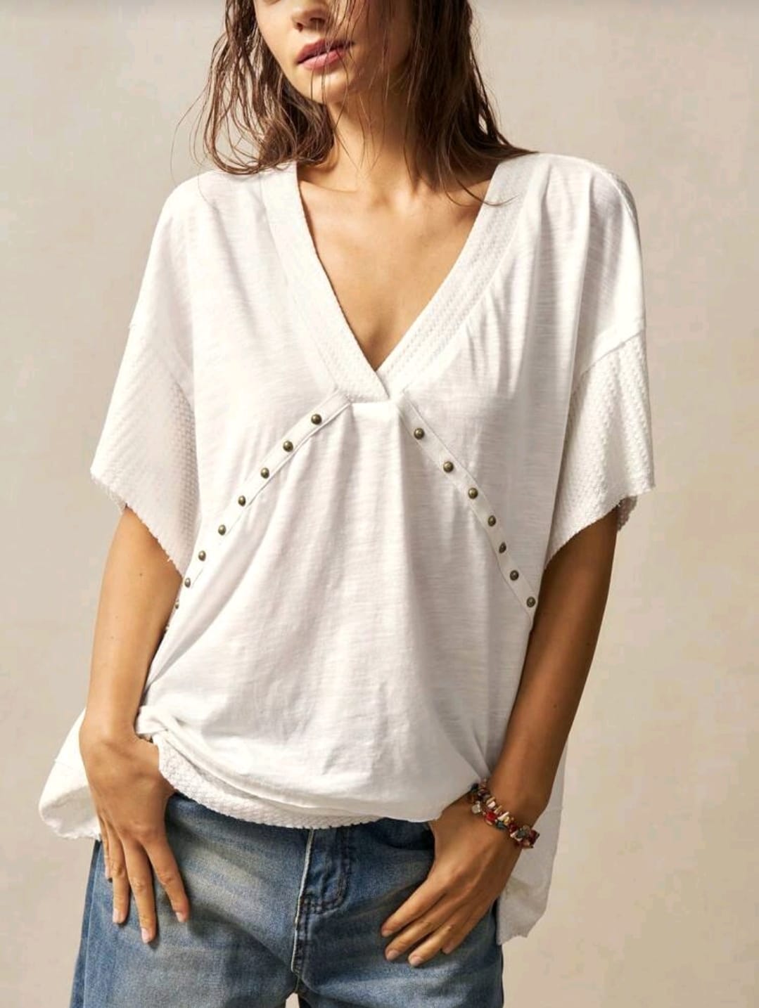 Women’s Loose V-Neck Stud Detail Blouse – Casual Oversized White Top