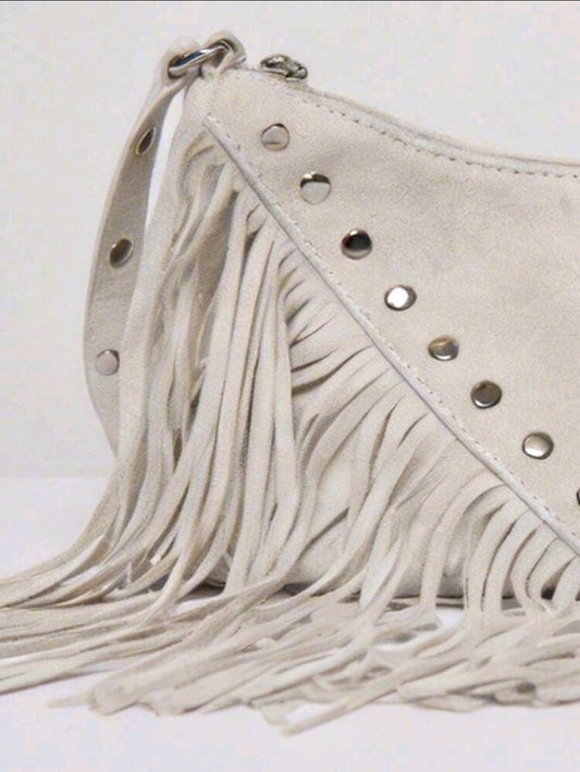Women’s White Fringe Shoulder Bag – Studded Faux Leather Western Crossbody Bag
