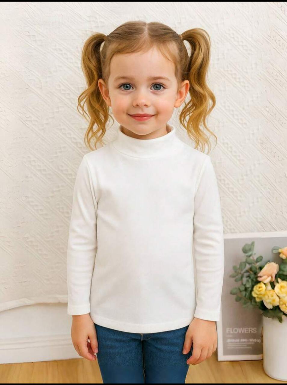 Girls White Mock Neck Basic Top – Soft Long Sleeve Essential Shirt for Kids