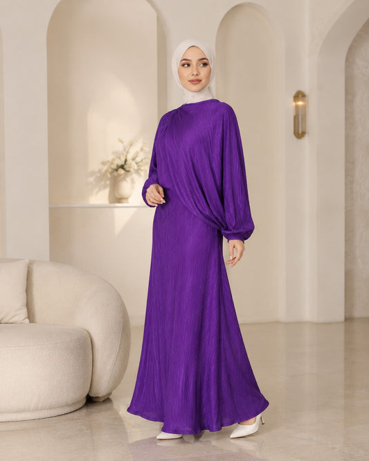 Women’s Purple Pleated Modest Dress – Long Sleeve Loose Fit Maxi Dress