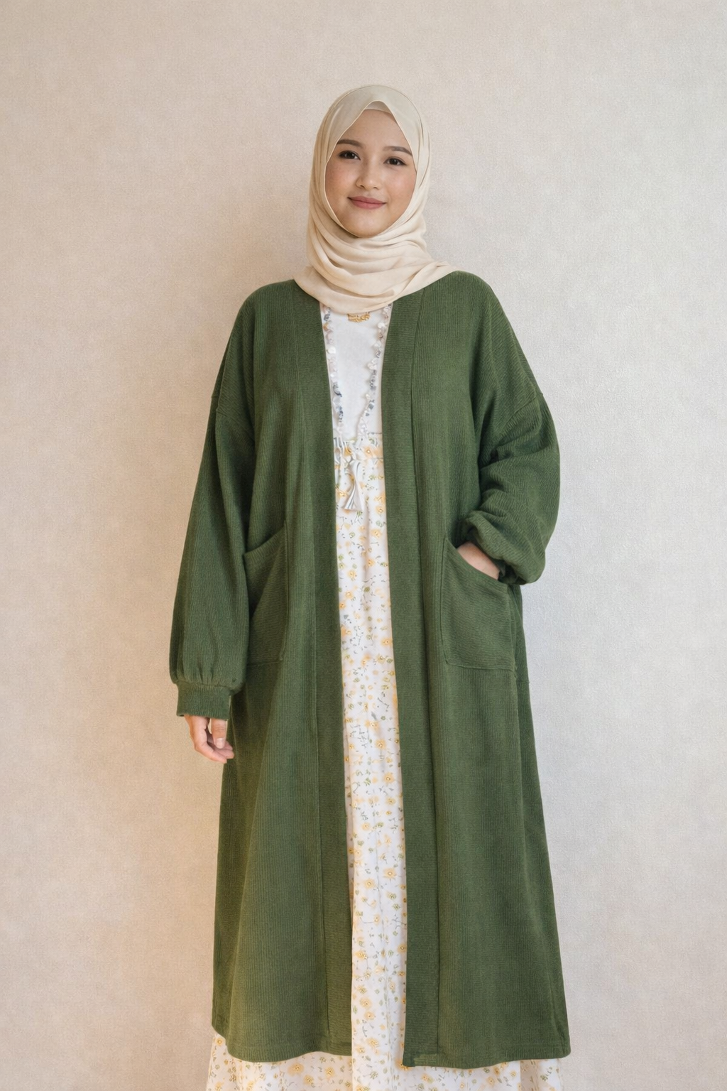 Olive Green Long Open Front Pocket Cardigan โ Modest Oversized Casual Maxi Cover Up for Women