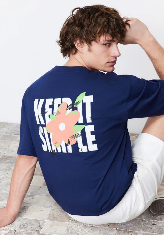 Men’s Navy Keep It Simple Cotton T-Shirt, Short Sleeve Casual Graphic Top