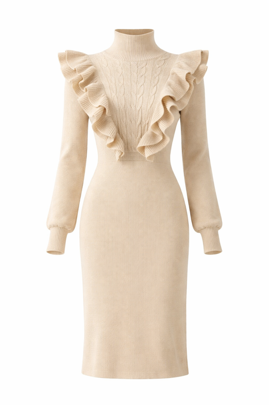Women’s Ruffle Knit Midi Dress – Cable Front Long Sleeve Slim Fit Elegant Sweater Dress