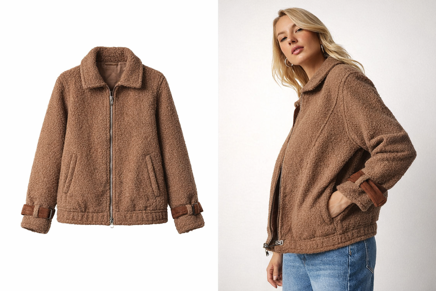 Brown Teddy Fleece Zip-Up Jacket – Women’s Casual Cozy Winter Outerwear with Contrast Trim