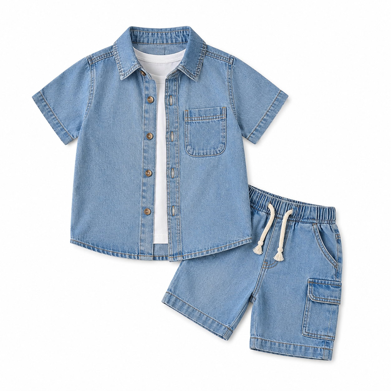 SHEIN Boys Light Blue Denim 2 Piece Set – Short Sleeve Shirt & Cargo Shorts, SHEIN Fast Delivery in 5 Days
